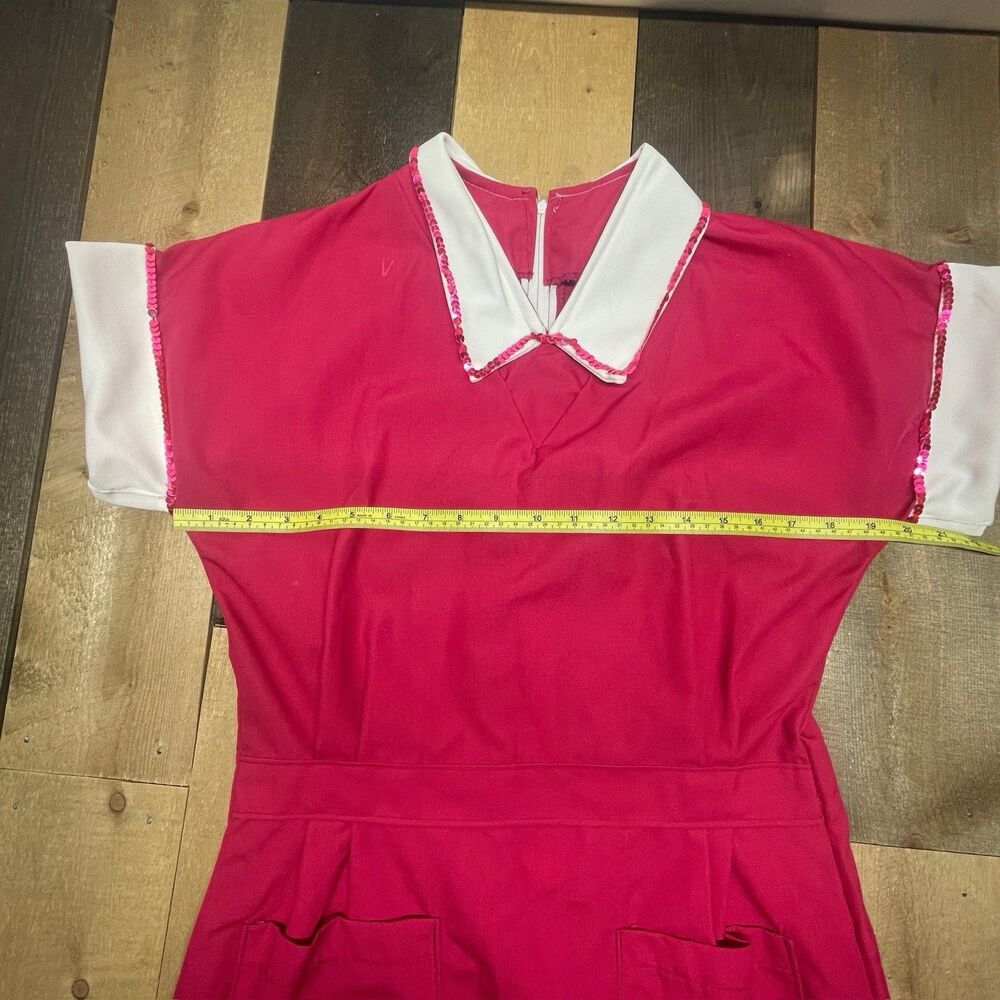 Vintage Avida SMALL Candy Striper Uniform Pink Dress White Collar Sequin Canada - Picture 5 of 9